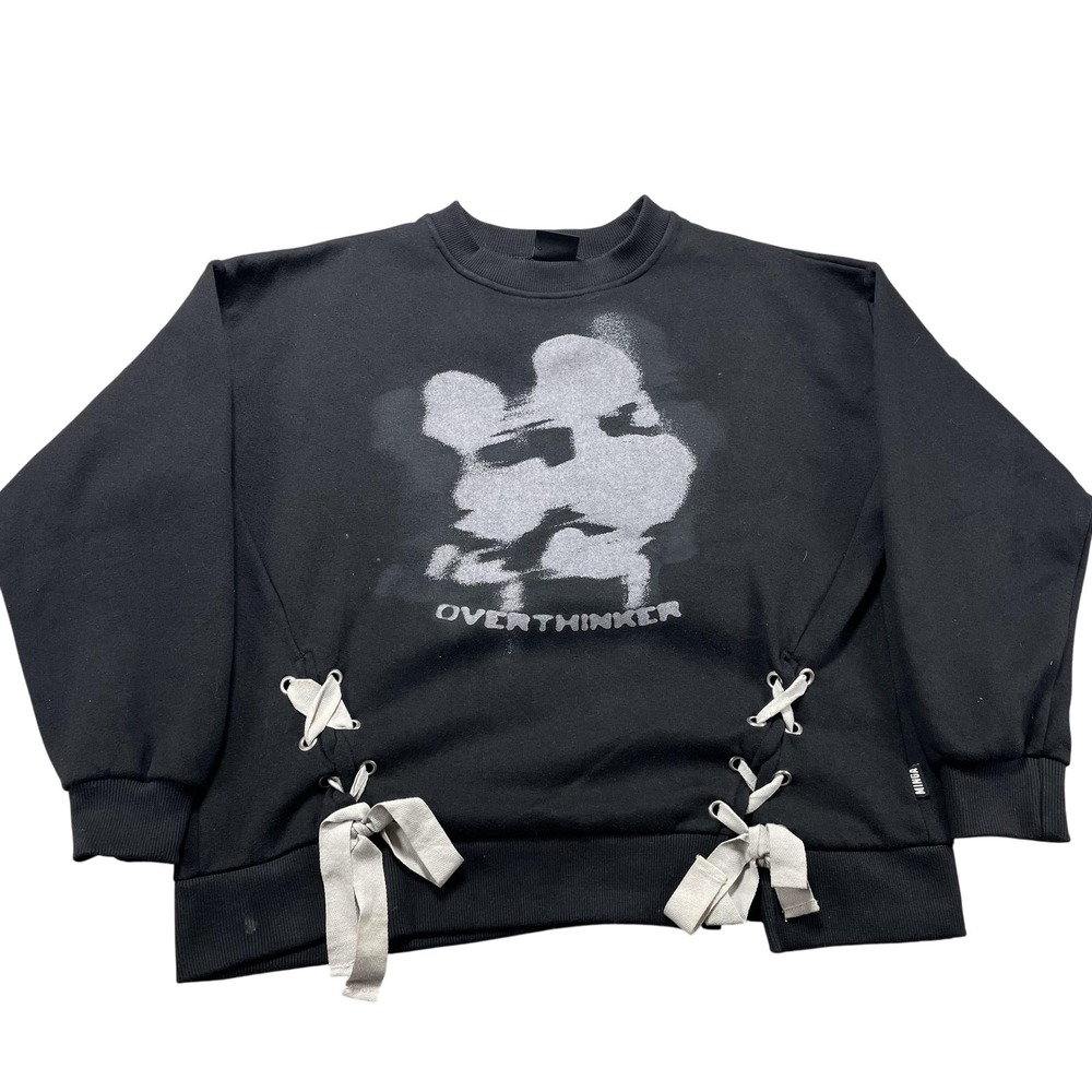 Minga London Sweatshirt Womens Small Black Overthinker Graphic Lace Up Pullover